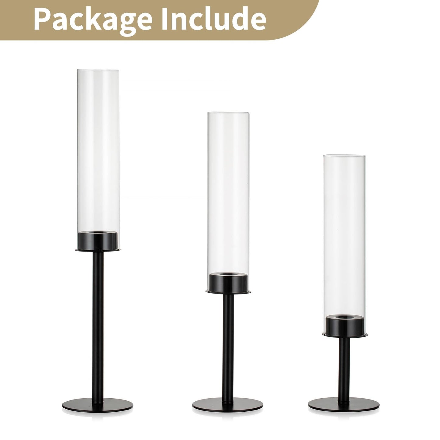 NUPTIO Black Candlestick Holders for Centerpiece: Set of 3 Hurricane Taper Holder with Windproof Glass Cover Long Stem Cylinder Metal Candle Sticks Stands for Halloween Christmas Table Decoration
