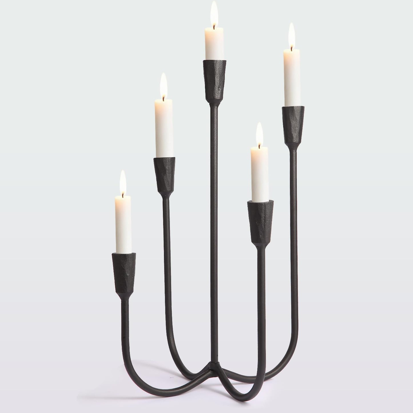 Mofunci Cast Iron 5-Candle Candelabra Centerpieces for Tables, Black Candle Holders Wedding Event 17.6 inch Tall Hand-Forged Candlestick Holders for Dining Room, Living Room or Mantel