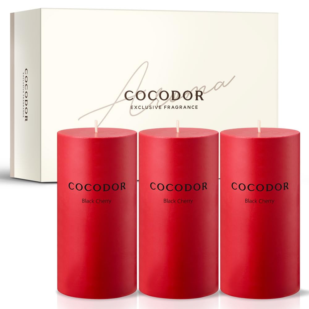 COCODOR Scented Pillar Candles, 3x6 Inch, Black Cherry, Candle Set of 3, Long Buring 85 Hours, Candles for Weddings, Party, Dinner, Home Decor.