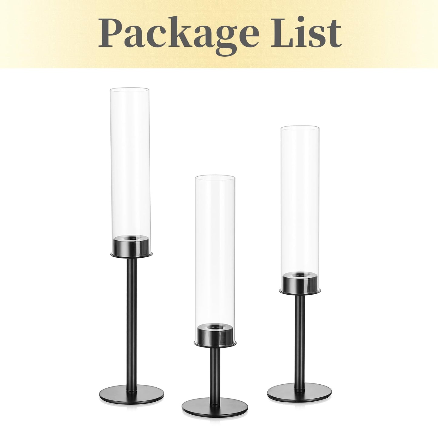 Hewory Black Candlestick Holders Hurricane Candle Holder, 3Pcs Candle Stick Candle Holder Candelabra, Taper Candle Holders with Glass Candle Cover for Wedding Table Centerpiece Christmas Decor