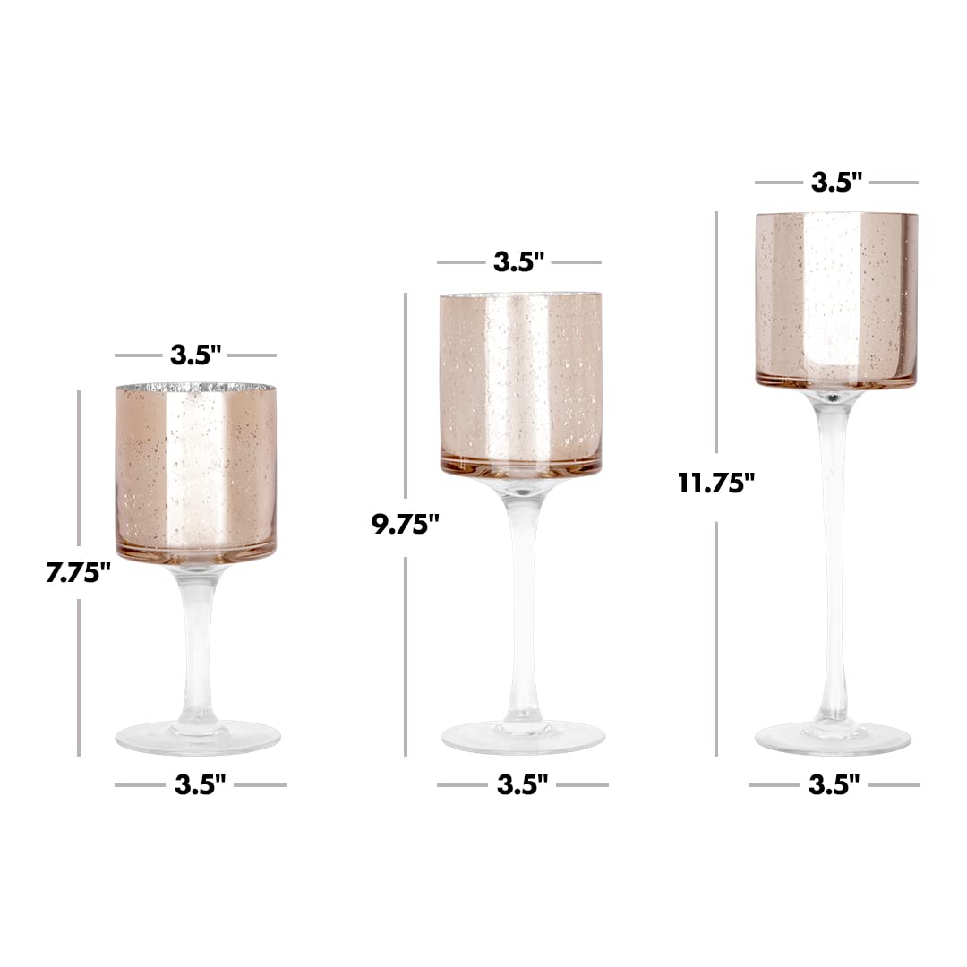 Koyal Wholesale Rose Gold Candle Holder Set of 3, Long Stem Candle Holders, Rose Gold Glass Floating Candle Holders, Tall Gold Tea Light Holders for Table Centerpiece, Tall Tealight Candle