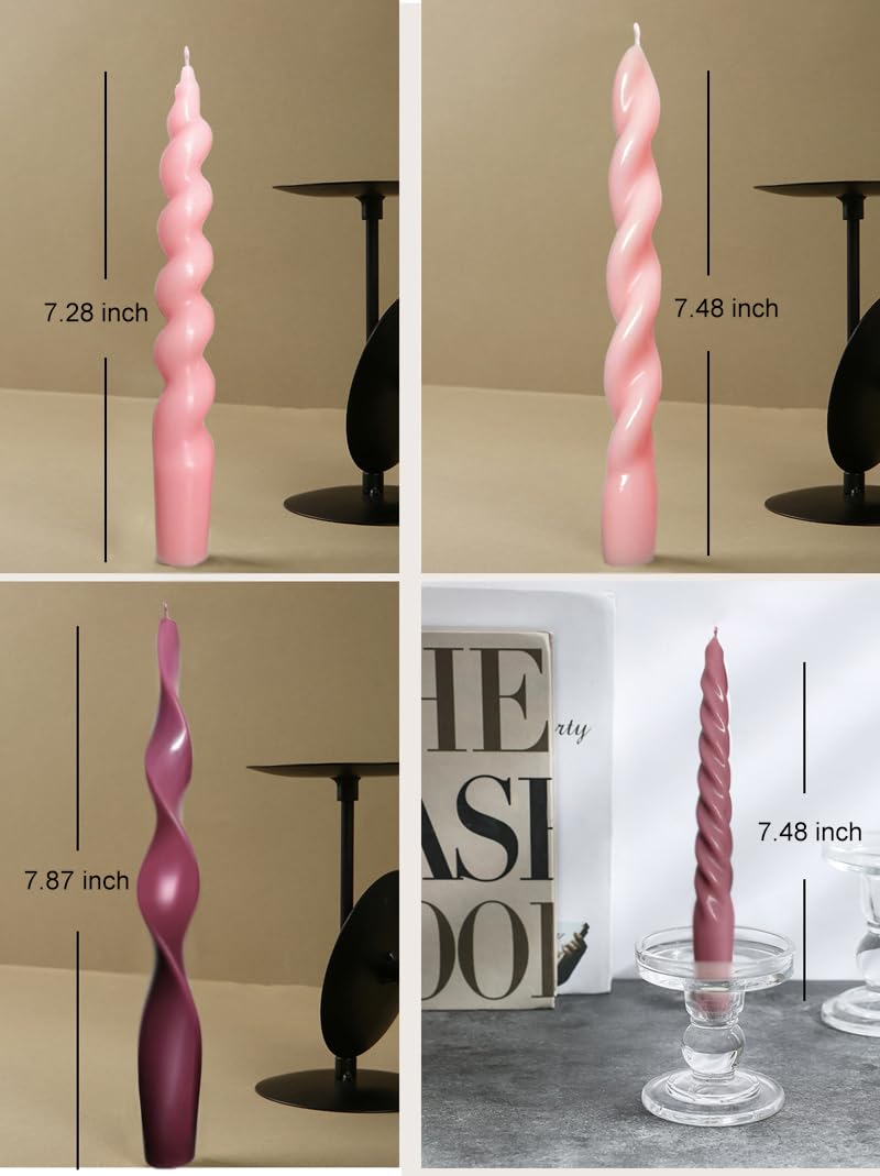 4 Pcs Pink Burgundy Taper Candles, 7.87 Inch Spiral Twisted Candle Sticks, Unscented Smokeless Pink Christmas Candlesticks for Valentines Day Wedding Bridal Shower Home Holiday Decor