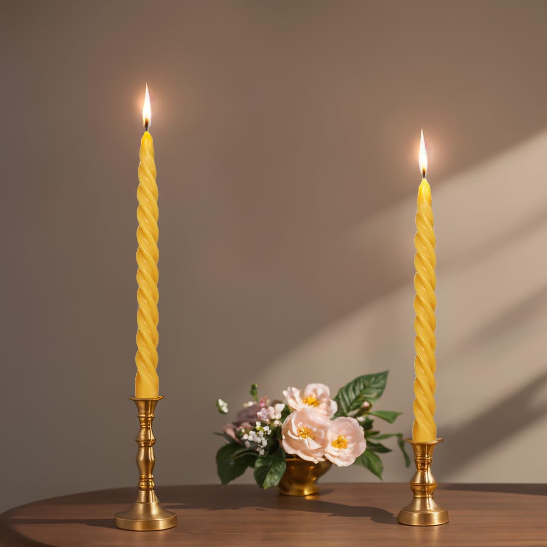 Beeswax Taper Candles Set of 4, Spiral Taper Candle Sticks Dripless Long Candle Sticks for Dinner Wedding Party Christmas Home Decorations - 10 Inch Tall - Yellow