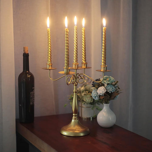 Vintage Gold 5 Arm Candelabra, 5-Candle Metal Candelabra Candlestick Holders for Taper Candles, Candle Stands for Home Decor, Wedding, Parties, Dining Table Centerpiece (Gold, 5 Arm Candelabra)