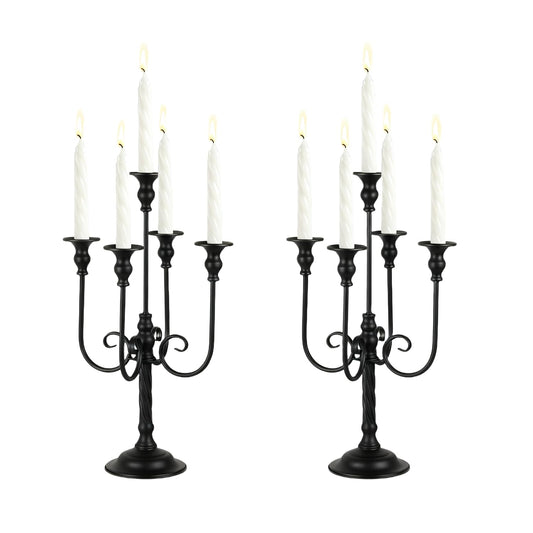 LANLONG Candelabra Centerpieces for Tables, 2Pcs Metal Tall Candle Holder for Taper Candles, 5 Arm Candlestick Holder for Wedding Centerpiece Decor Party Event Reception Decoration，Black,19.7in-2pcs