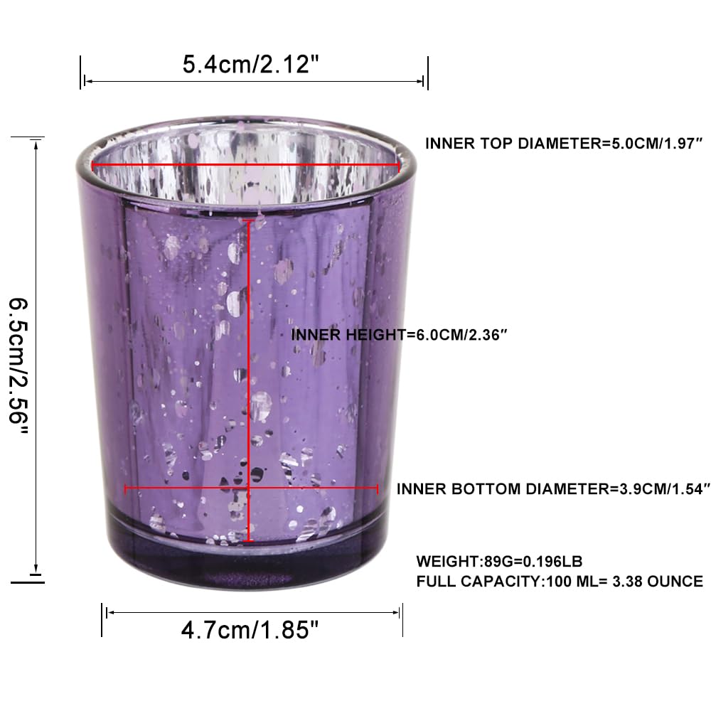 BTGLLAS Purple Mercury Glass Tea Light Holders Set of 36 - Elegant Votive Candle Holders for Weddings, Showers and Home Decor - Perfect for Table Centerpieces and Parties (Glass, Purple)