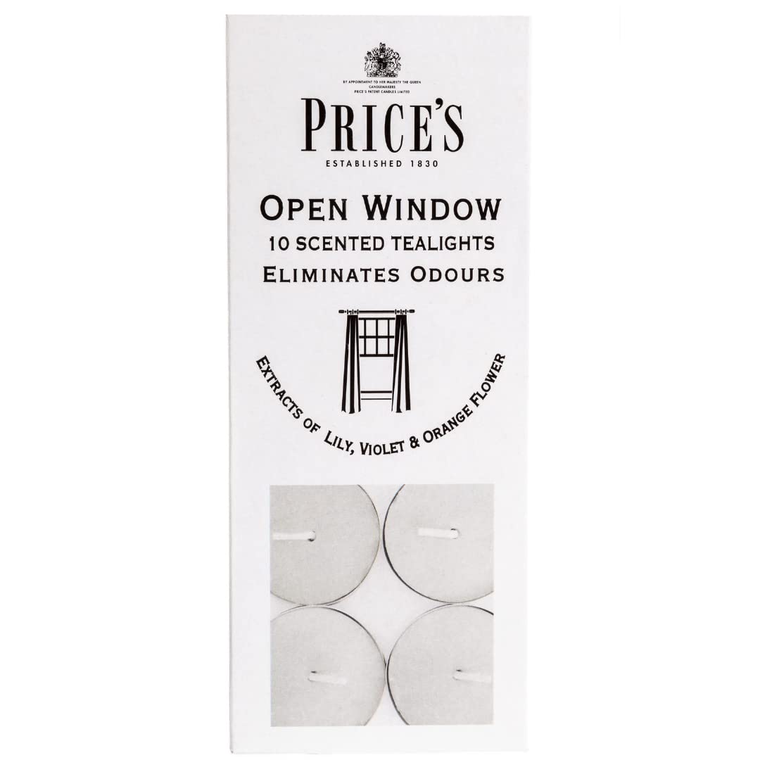 Price's - Open Window Tealights - Pack of 10 - Odour Eliminating Tealights - Made with Lily, Violet and Orange Flower Extracts - Clean, Fresh, Quality Fragrance - Long Lasting Scent