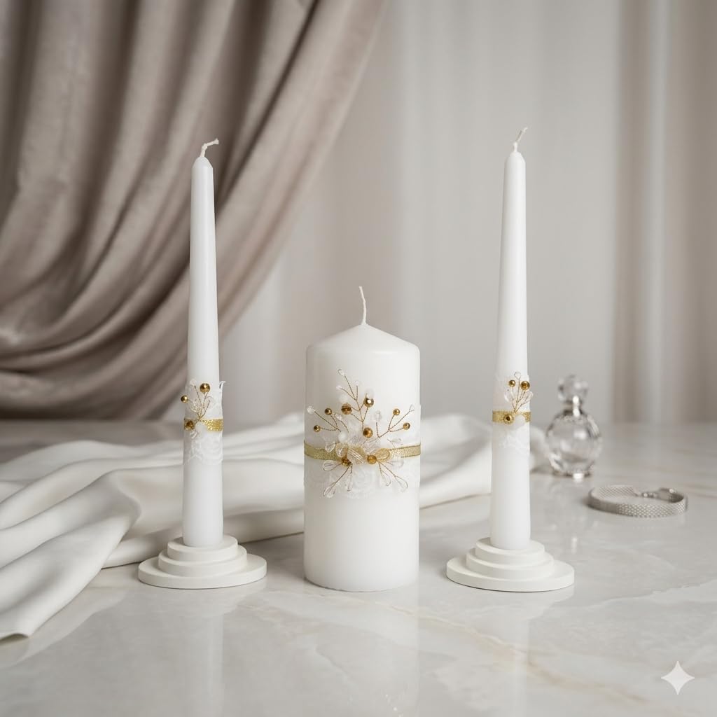 Magik Life Unity Candle Set - Wedding Ceremony & Reception – 6” Pillar & Two 10” Taper Candles – Long Burning Unity Candles for Marriage Ritual – Handmade in USA – Diamond |Gold