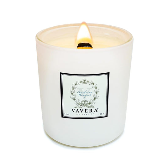 VAVERA Gardenia Candle. Wood Wick Candles that Crackle, 14oz Matt White Candle Jar, Consummate Gardenia Lover's Delight. Soy, Vegan, Non Toxic Luxury Home Decor. Hand-Crafted in USA.
