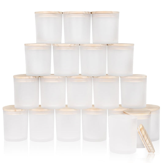 SHOWIN Thick Candle Jars for Making Candles 20 Pcs,10 OZ Empty Jars with Wood Lids for Candle Making, Sample Container, Frosted White