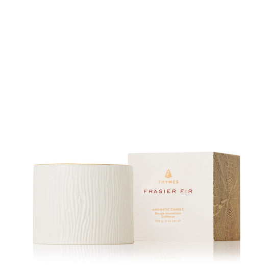Thymes Frasier Fir Candle - Gilded Collection - Wood Grain Ceramic Design with 24-Karate Gold Rim - Mountain Fresh Fragrance - Elegant Winter Candle Scents - Gifts for Women & Men (Petite, 6 oz)