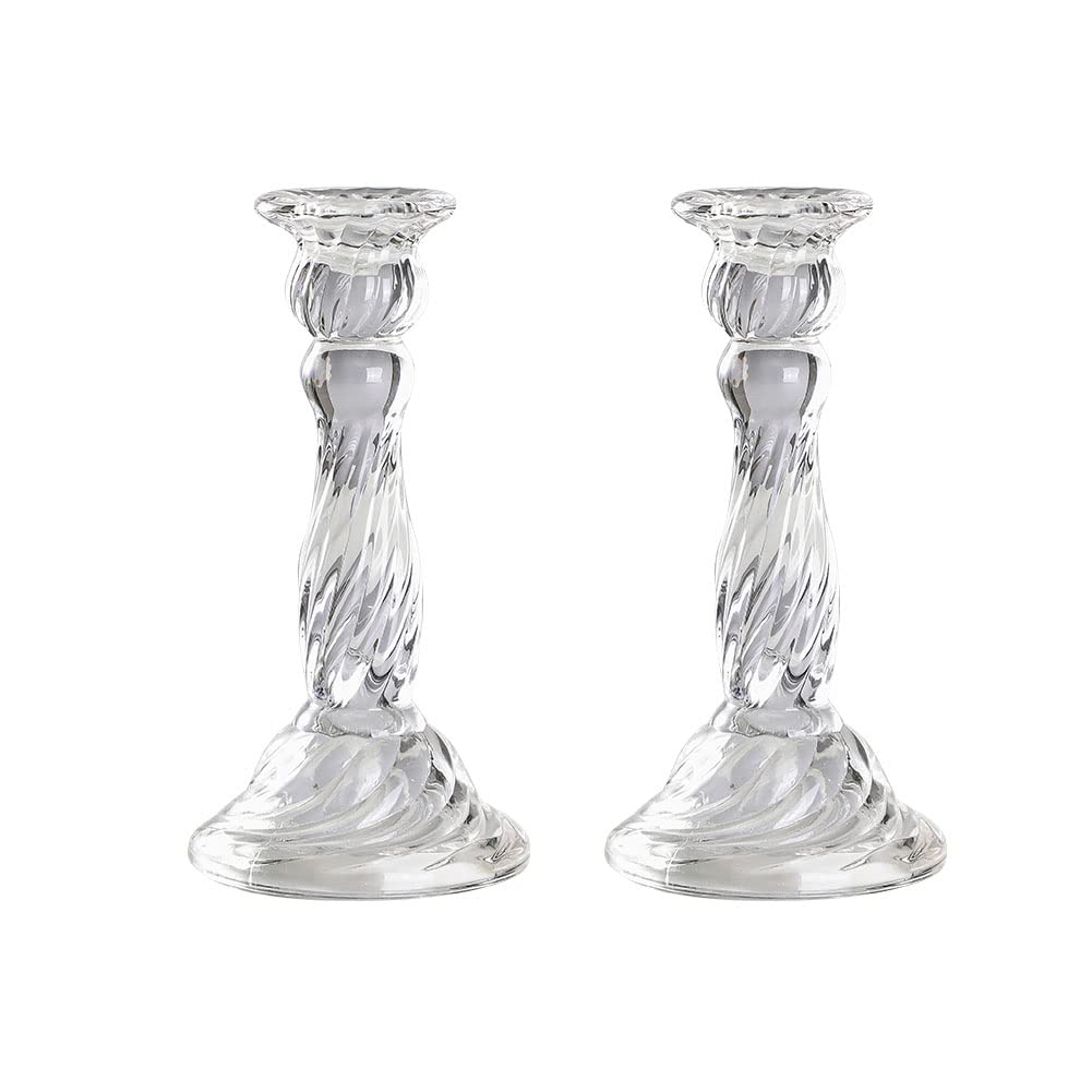 Clear Glass Taper Candle Holders, Clear Crystal Glass Candlesticks Holders for Fancy Table Decor Wedding Celebration Centerpiece Taper Candles Holder 6.4" Tall, Pack 2