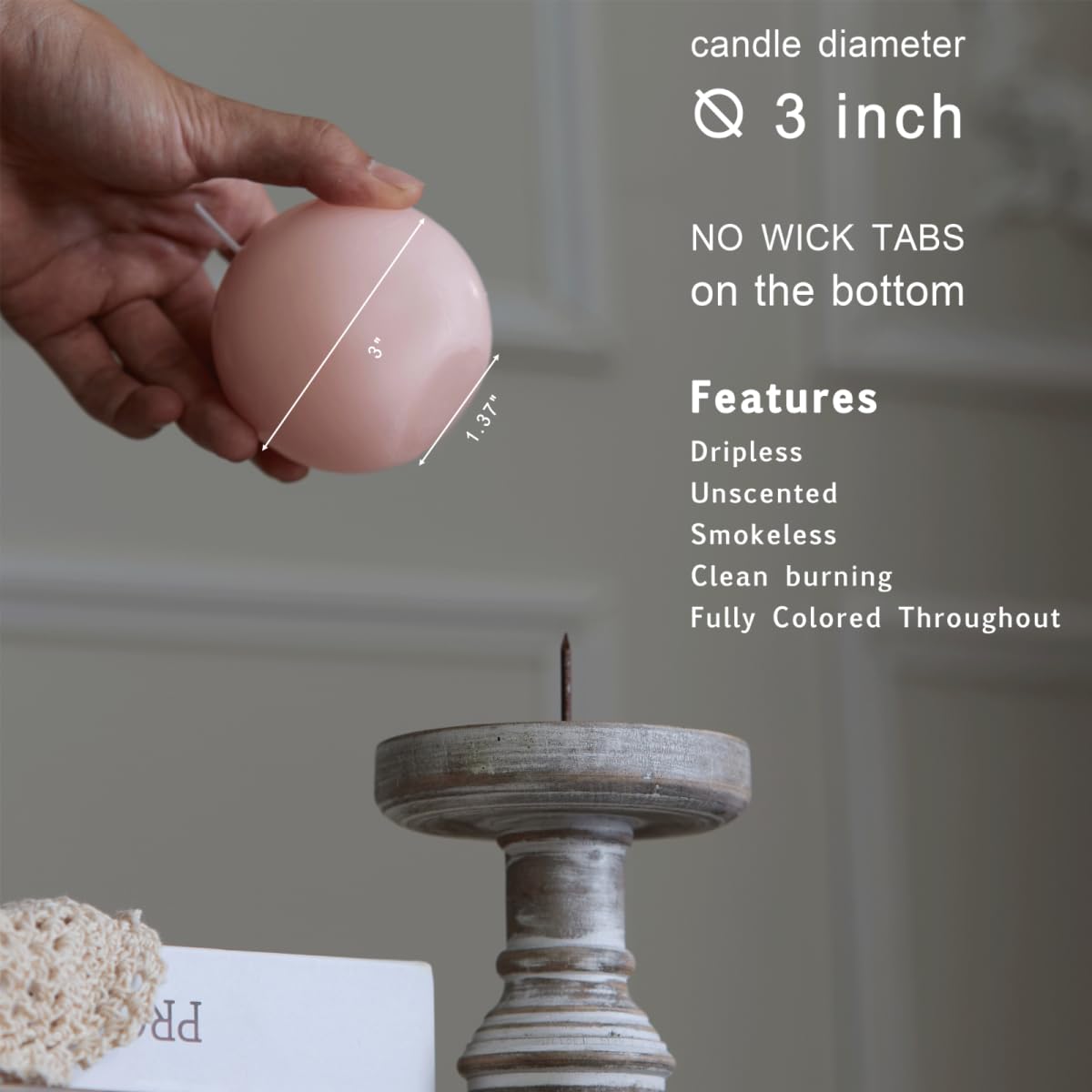MOZEAL Hand-Poured, 3 Inch Pearl Blush Round Ball Candles - Elegant Pearl Blush Round Pillar Candles Set of 3, Dripless, Unscented, Smokeless, Ideal for Weddings and Elegant Celebrations.