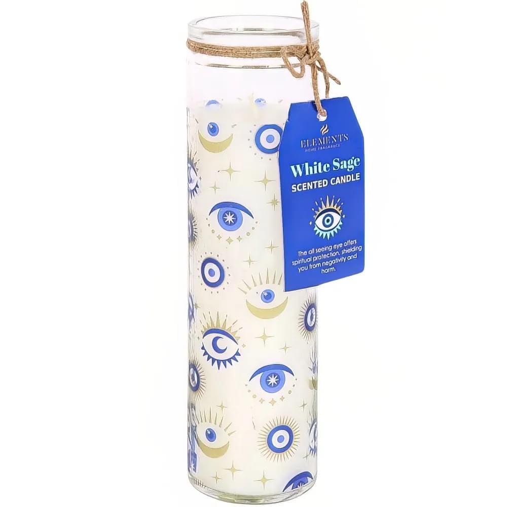 Something Different All Seeing Eye White Sage Tube Candle with Blue & Gold Glass Design-21 x 6 cm (1 Pc), Wax, Multicolor, 21cm x 6cm x 6cm