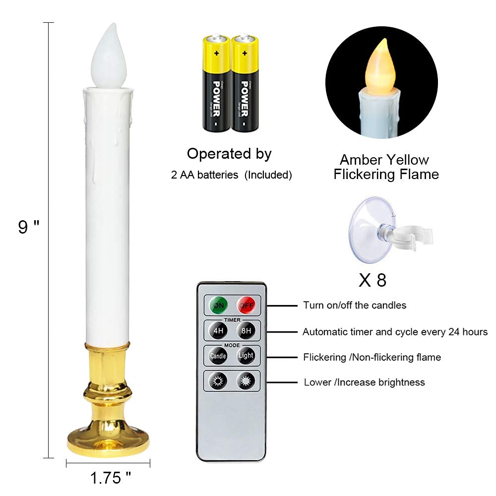 DRomance 9" Flameless Window Taper Candles Battery Operated with 8-Key Remote and Timer, 8 Pack White Christmas Holdiay Window Candles with Gold Holders, Suction Cups and AA Batteries Included