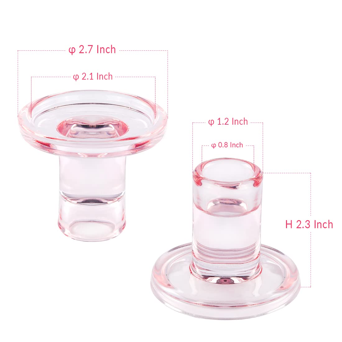 TELOSMA Pink Glass Candle Holders 6PCS for Taper Candles, Candlestick Holders Fit to Taper Candle which Diameter 5/6-7/8 inch, for Wedding Party, Valentine's Dating Dinner Table Decor