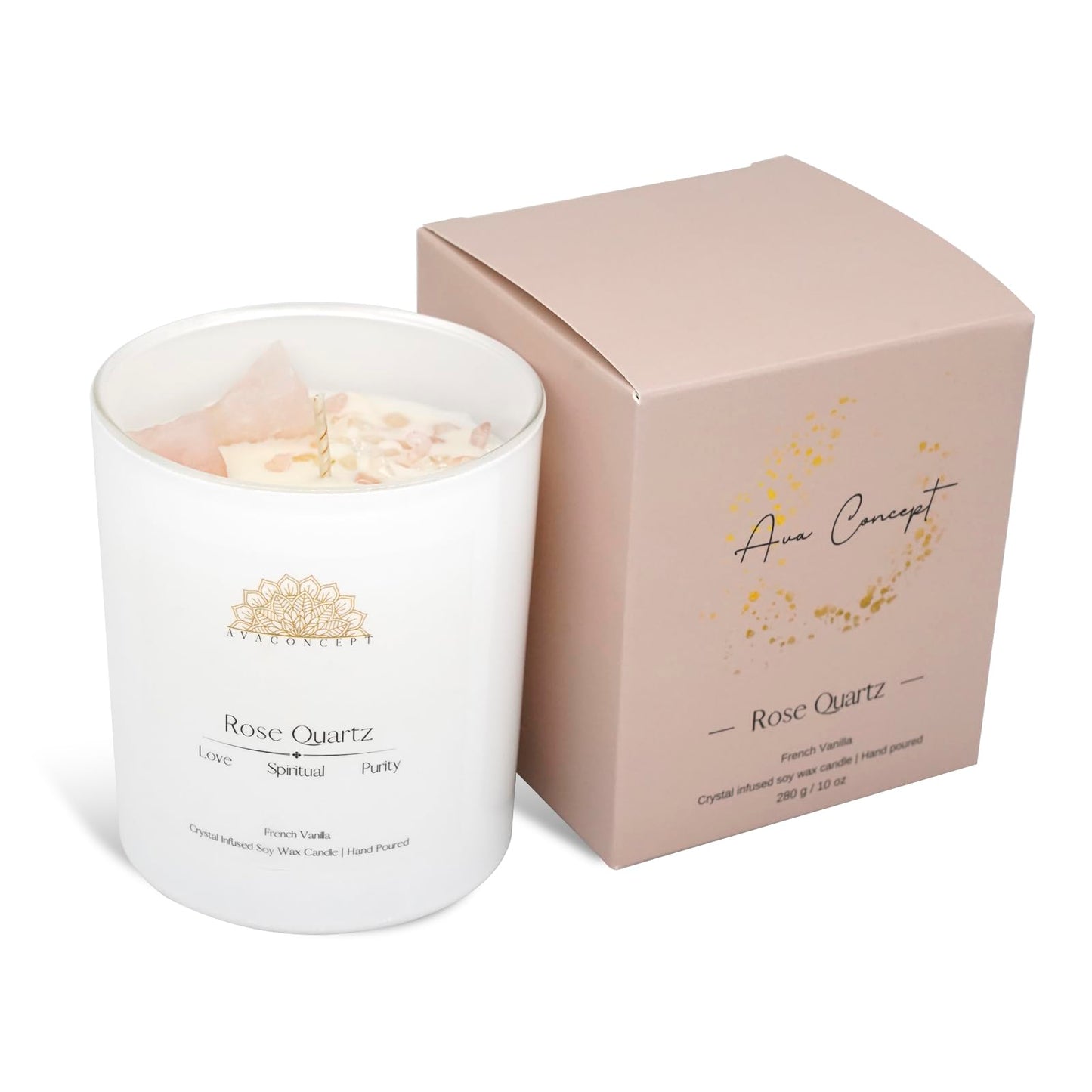 Ava Concept Rose Quartz Crystal Candle – 10oz / 280g | French Vanilla Aromatherapy | Hand-Poured Soy Wax | Genuine Rose Quartz Healing Crystals Embedded | Love, Spiritual & Purity | Gift Box Included