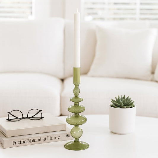 Vintage Glass Candle Holder for Pillar Candles – Taper Candle Holders for Table Decor, or Living Room – Stacked Disc and Sphere Design Candlestick Holders, Boho Home Decor – 11", Green