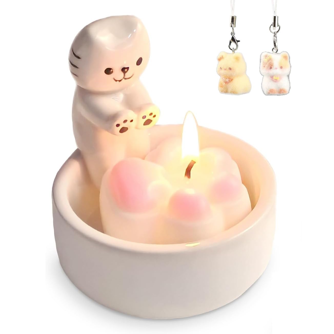 ProNature Kitten Candle Holder with 2 Cat Keychains, Ceramic Cat Mom Gifts, Cute Cat Home Decor Candlestick, Cat Lover Gifts for Women, White（Candle not Included