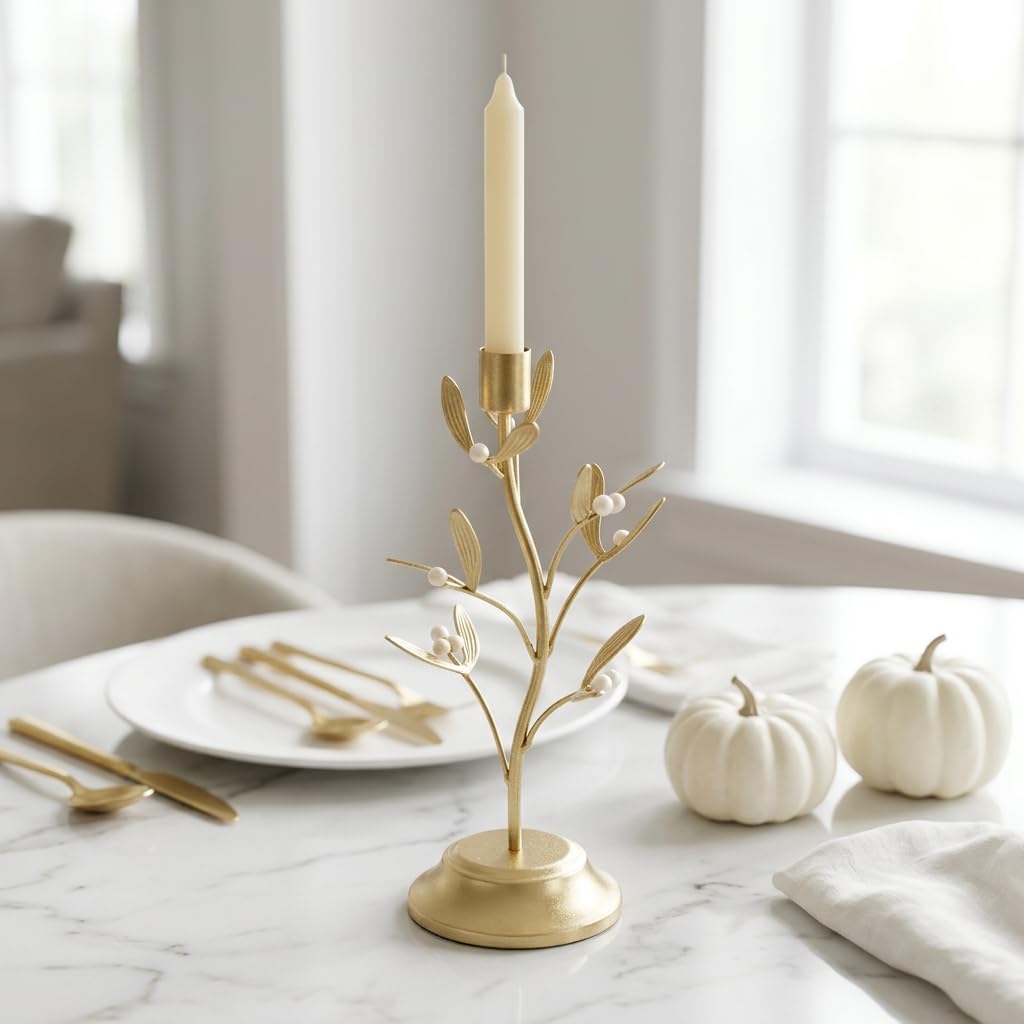 Candle Stick Holder Table Decor - Elegant Golden Metal Mistletoe Candle Holder Decorative for Coffee Gold for Living Room Symbol of Love and Life Flower Gifts 4.6 x 4.6 x 10 Inch Guichifun