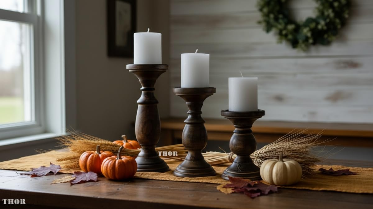Candle Pillar Holder, Candle Holder Set of 3 Fall Wooden Candle Holder, Farmhouse Set for Table Centerpiece Home Decor-10,8,6 Inch