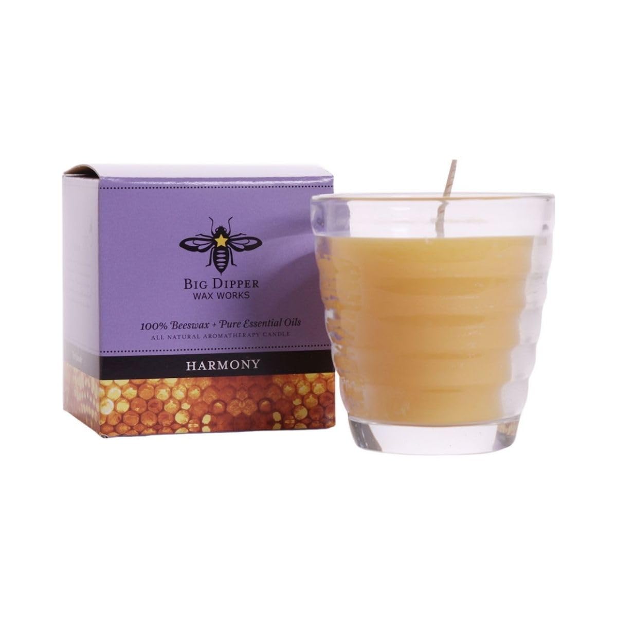 Big Dipper Wax Works Beeswax Aromatherapy Candle, Harmony - Pure Lavender Essential Oil, Beehive Glass, 100% Natural Beeswax & Soy Wax Blend, 25-Hour Clean Burn, Relaxation & Stress Relief, 2" x 2.5"