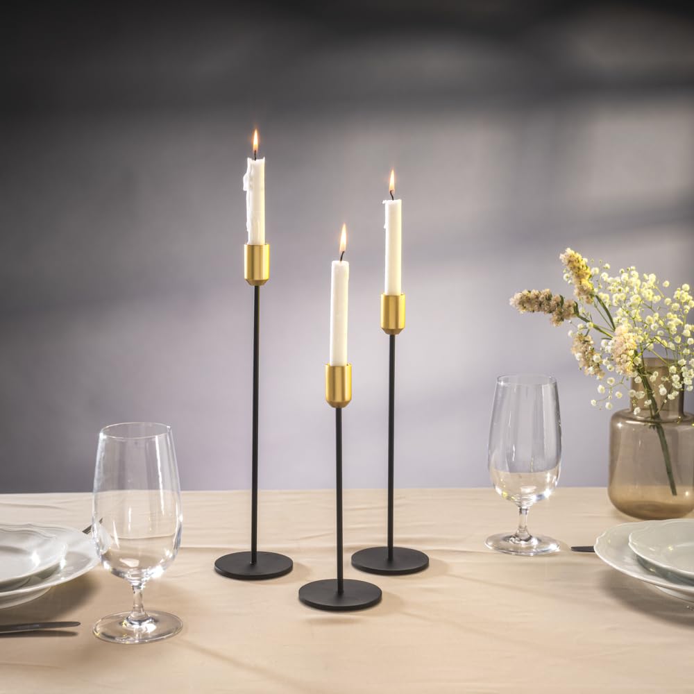 Yair Emanuel Set of 3 Black Tapered Modern Candlestick Holders Brushed Brass Cups - Fits 3/4 inch Candles - Elegant Home Decor Available in 3 Sizes