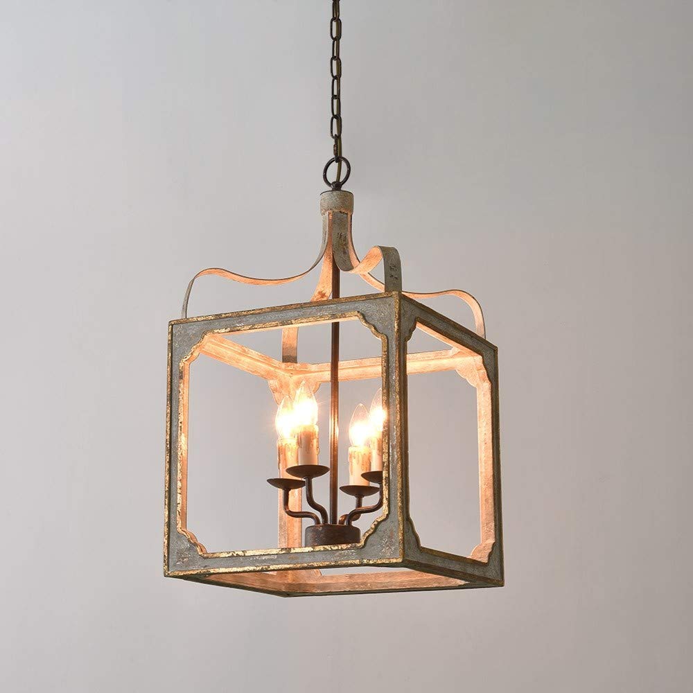 LOVEDIMA French Country Chandelier 4-Light Lantern Pendant Lighting Square Wood Metal Chandeliers Hanging Light Ceiling Light Fixtures in Antique Gray & Antique Gold