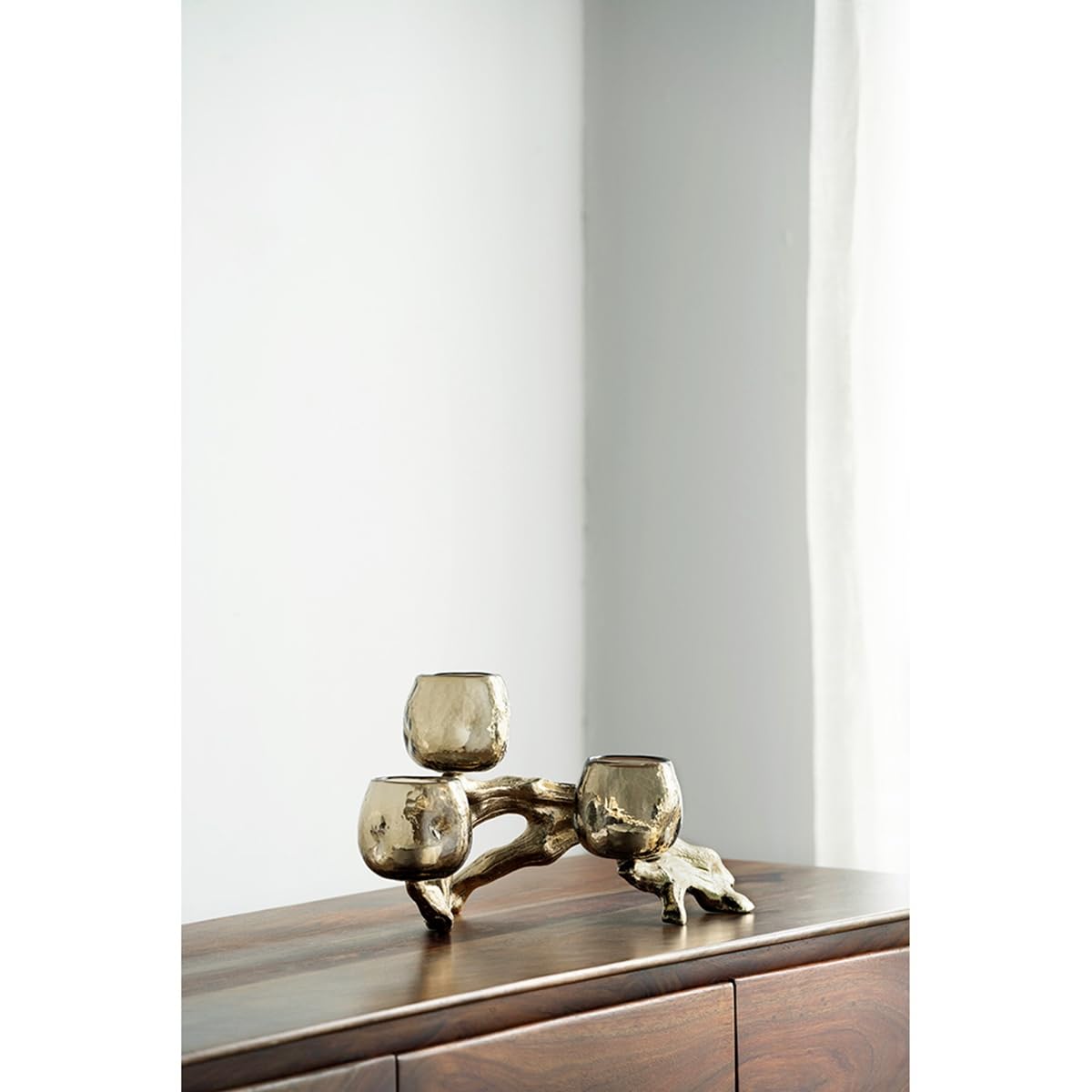 Modern Gold Multi Votive Candle Holder with Textured Glass Cups, Branch-Inspired Aluminum Candle Stand for Tabletop Dining Mantel Shelf Décor, 15.7 Inch