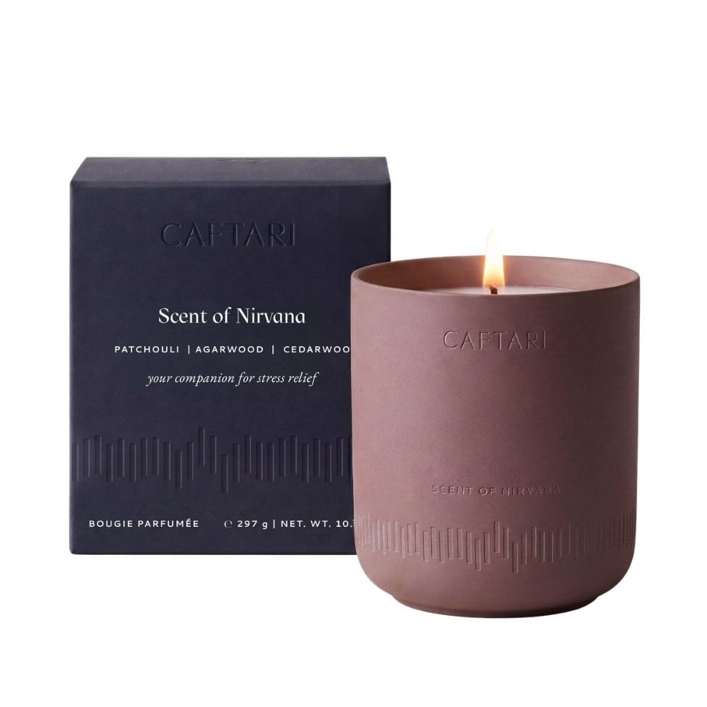 CAFTARI Scent of Nirvana Scented Candle | Oudh, Cedarwood & Patchouli | Soy Candles Non Toxic | 60-Hour Burn | Scented Candles for Home | Stress Relief Aromatherapy | Luxury Ceramic Jar | 10.5 oz