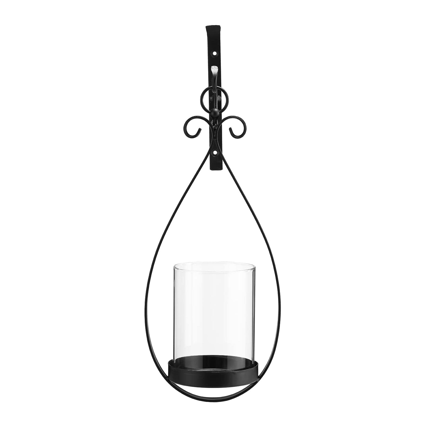 Wisiron Hanging Water Drop-Shaped Wall Sconce Wall Mounted Hurricane Candle Holder Glass & Metal Farmhouse Handcrafted Wall Art Decorations, Black Set of 2 HT21-0204B2