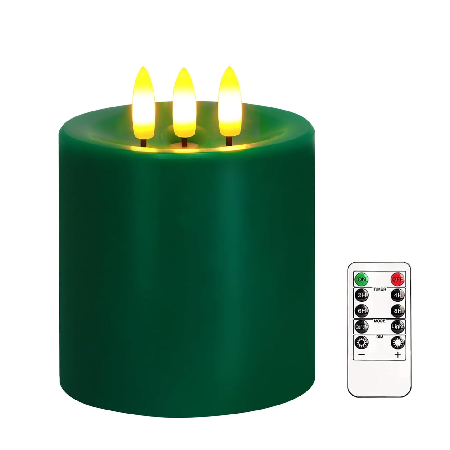 Large 3 Wick Flameless Candles, 4"x4" Flickering LED Candles with Remote & Timer, Dimmable Real Wax Pillar Candles Battery Operated, Green Candles for Home Christmas St. Patrick’s Day Decor (Green)