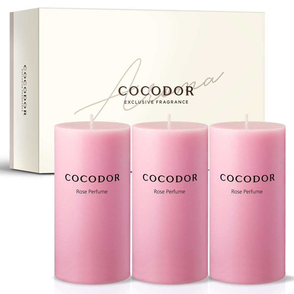 COCODOR Scented Pillar Candles, 3x6 Inch, Rose Perfume, Candle Set of 3, Long Buring 85 Hours, Candles for Weddings, Party, Dinner, Home Decor.