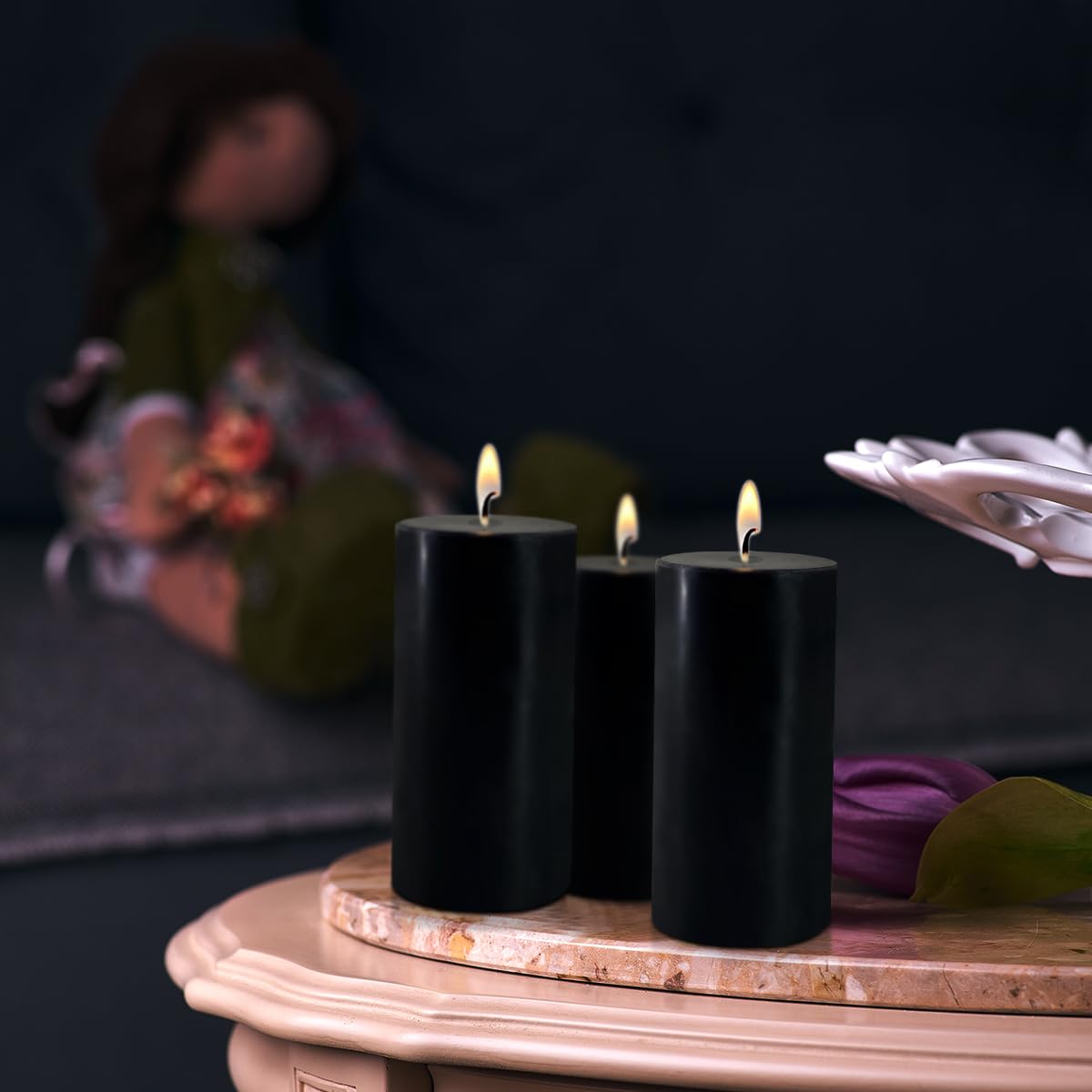2.8" x 6" Hand-Poured Unscented Candle, Dripless Pillar Candle Set of 3, Long Lasting Burning, Approx 120 Hours Burn Time, Rustic Country Style, for Wedding, Dinner, Christmas and Home Decor, Black