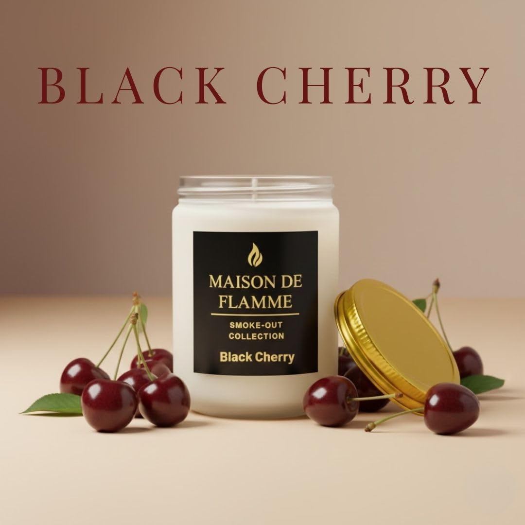 MAISON DE FLAMME Black Cherry Odor-Eliminating Scented Candle, 200g/7oz White Jar – Long-Lasting Soy Wax Blend Candle for Smoke, Kitchen & Home Odors