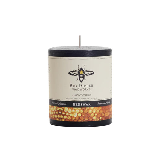 Big Dipper Wax Works Black Pillar Candle, 60-Hour Long Burn, Pure Beeswax Candle, 3" x 3.5”