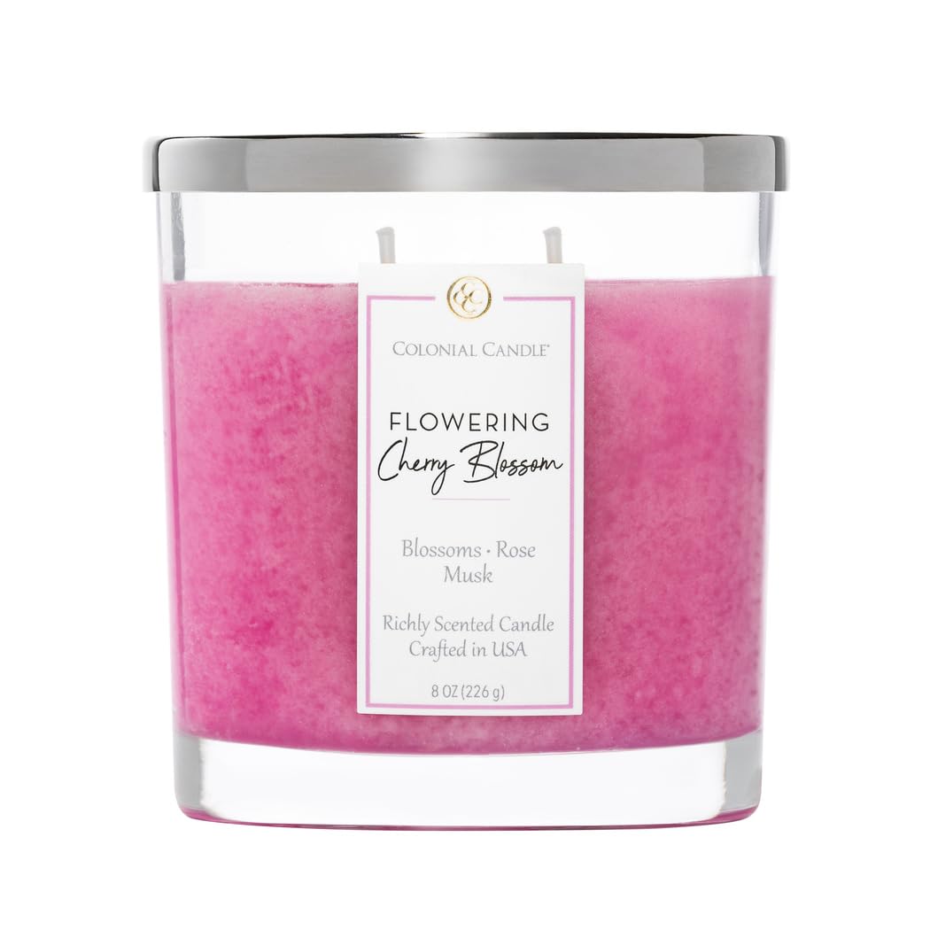 Colonial Candle Flowering Cherry Blossom Scented Candle Jar, Highly Fragranced Candles for Home Scented, Mottled Wax Candle, 2 Wick, 8 oz - Made in the USA