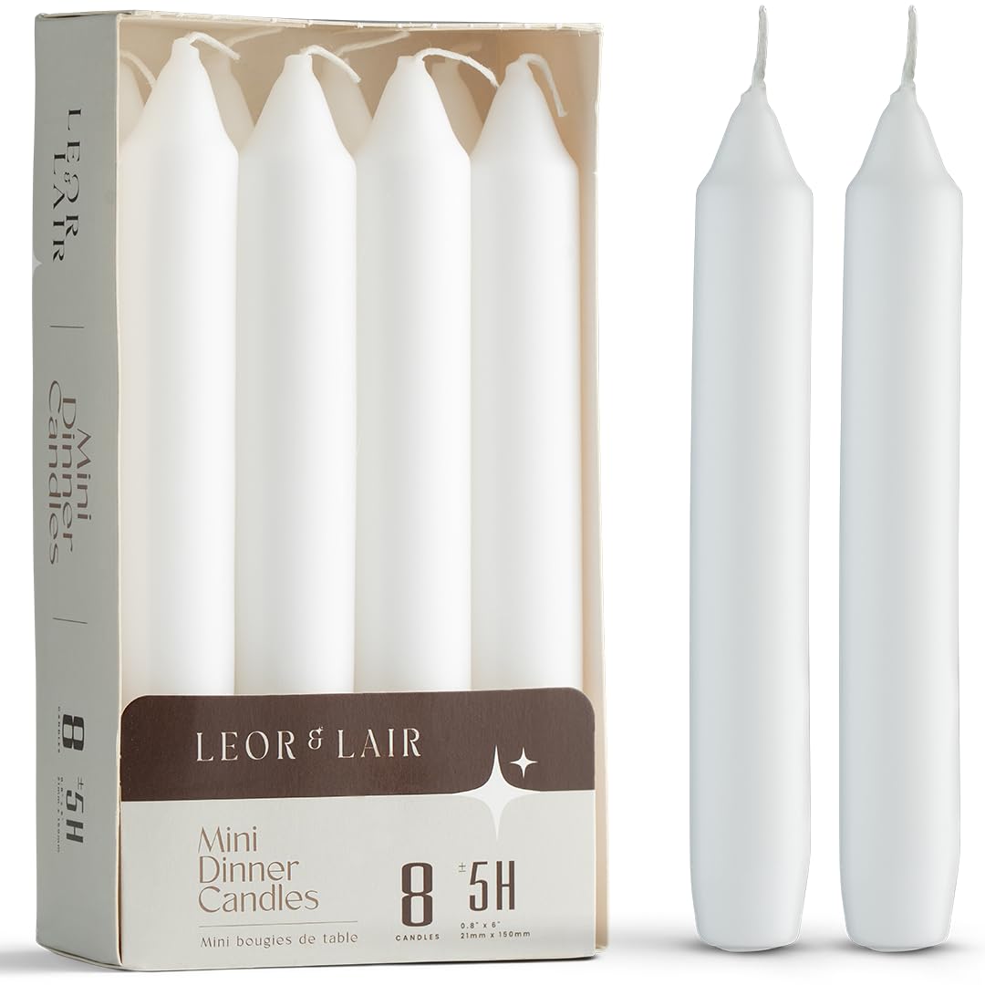 Leor & Lair 6 Inch Short Taper Candles – Pack of 8 White Candlesticks – Unscented Short Candle Sticks with Cotton Wick – 5 Hour Burn Small Taper Candles for Christmas, Weddings, Dinner