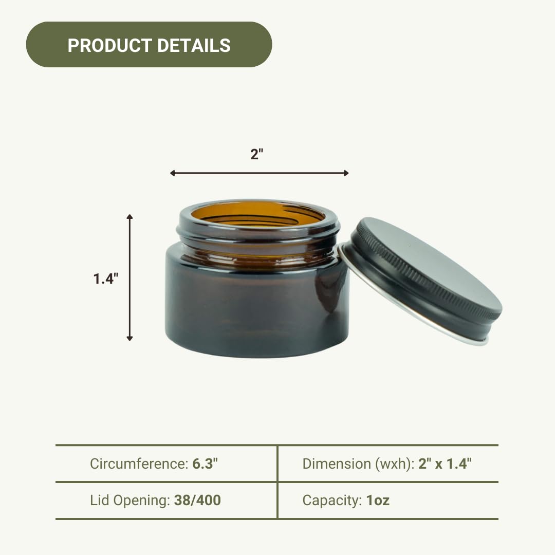 Nature Packaged Glass Amber 1oz Jar - 12 Packs, Lead-Free Empty Round Jars For Beauty Products, Lotion, and Powders - Black Lid - Small Candle Jars