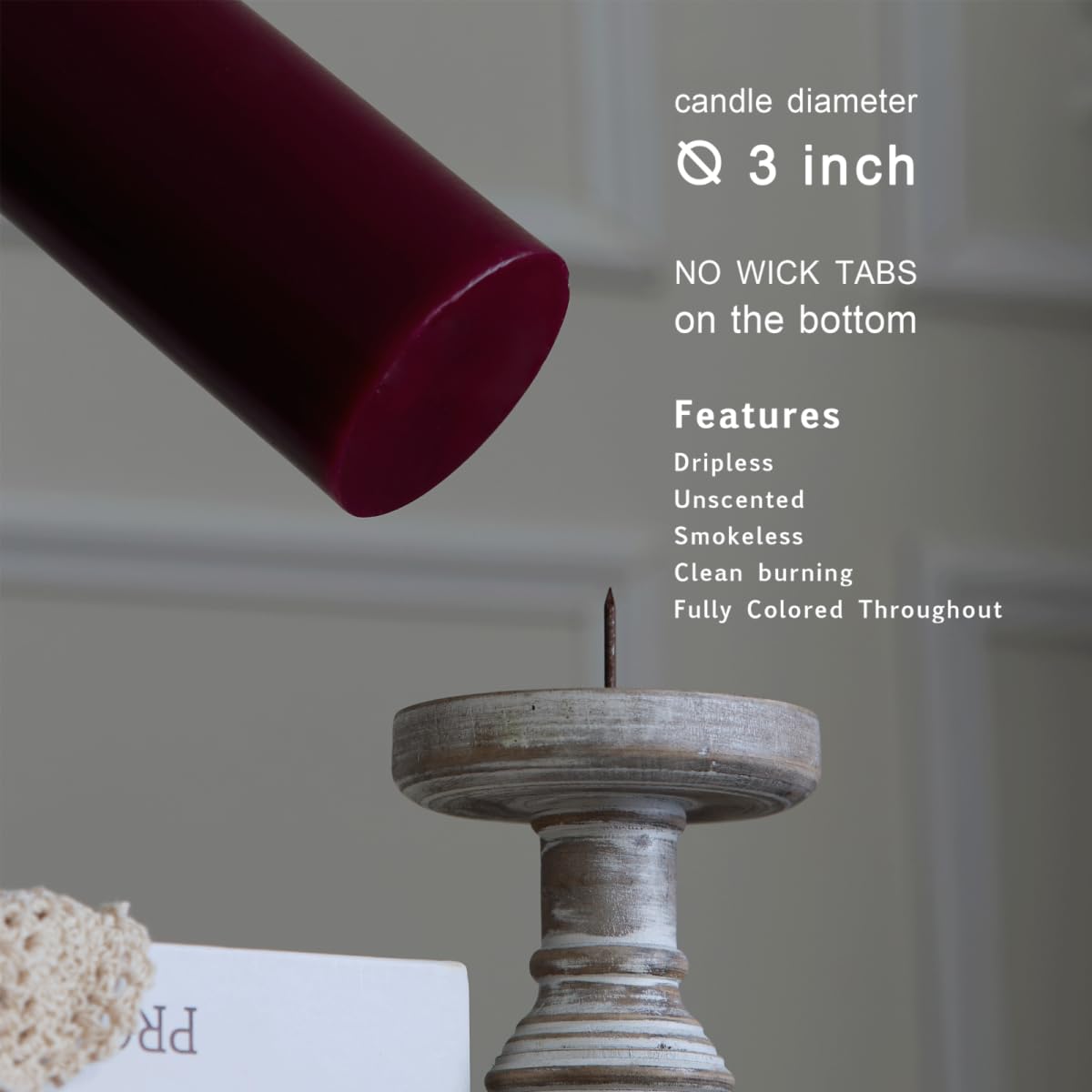 MOZEAL 3" x 8" Hand-Poured Unscented Large Candle, Smokeless Rustic Pillar Candle Set of 2, Slow Burn, No Drip, Approx 150 Hours Burning, Valentine's Day and Home Decorative, Tall Burgundy Candle