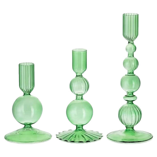 Mineaud 3Pcs Glass Candlestick Holders Glass Taper Candle Holders Groovy Wavy Elegant Candle Stick for Home Party Decoration,Green