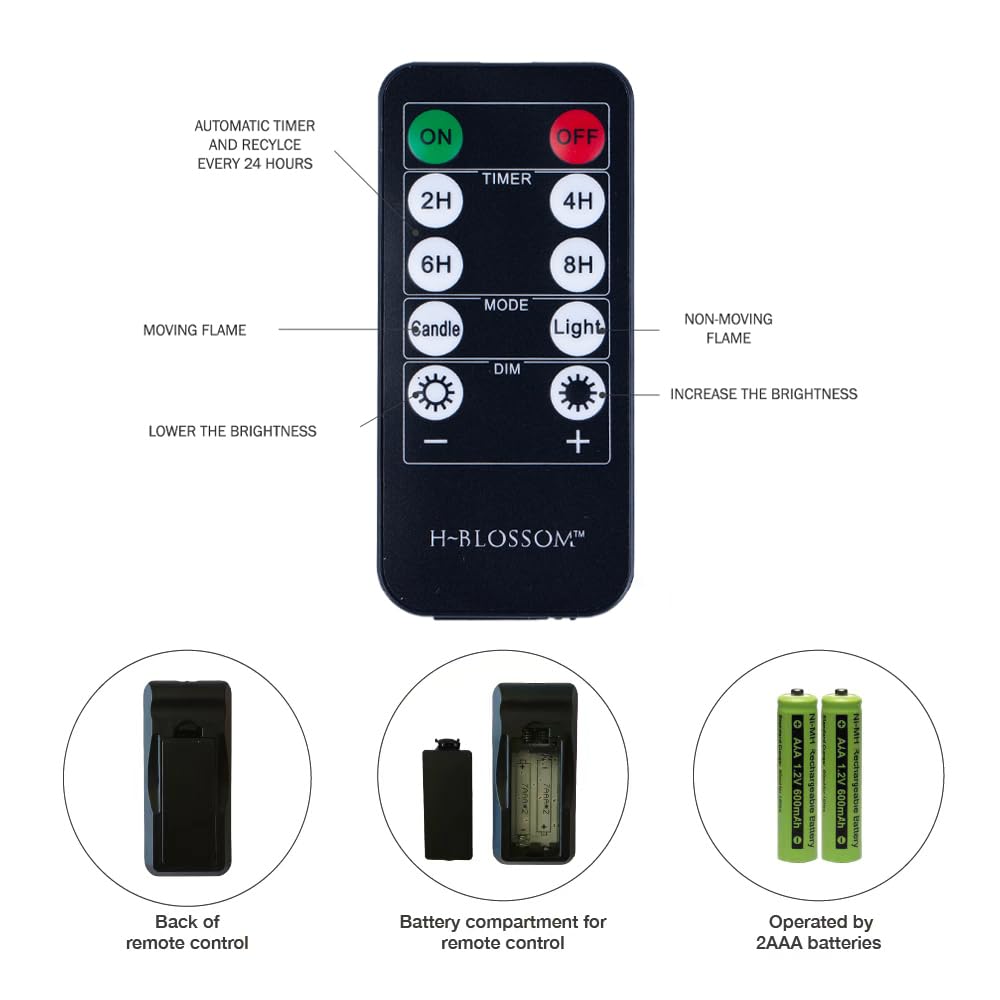 H-BLOSSOM Flameless Candles Battery Operated Real Wax Pillar LED Candles with 10 Key Remote Control Cycling 24 Hours Timer Set of 6 (3" x 6" Remote)