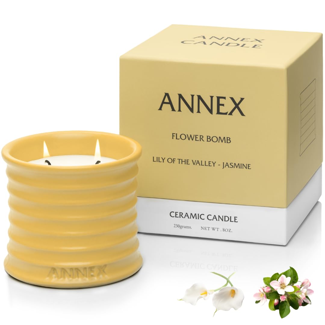 Annex Lily of the Valley & Jasmine Luxury Scented Candle - 8oz Handmade Ceramic Jar Candle - 50hr Clean Burn, 100% Non-Toxic Soy Wax, Home Fragrance, Aesthetic Decor Gift for Men Women - White Floral