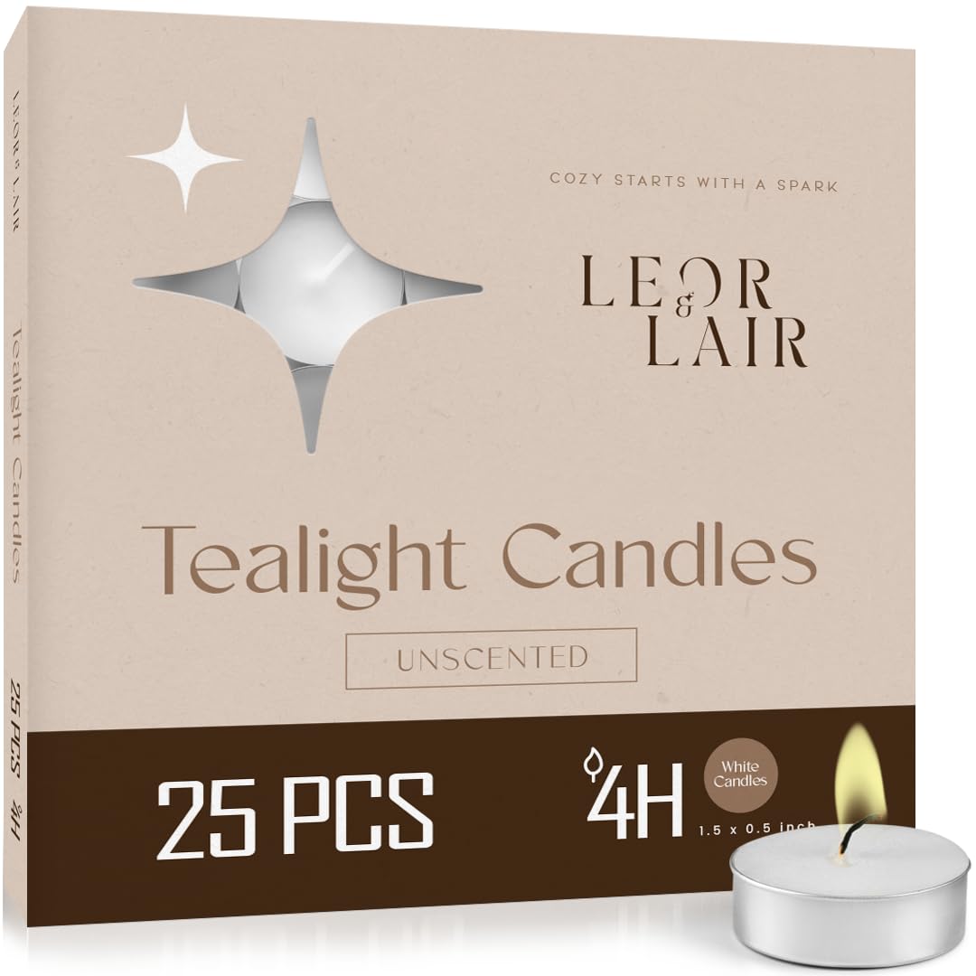 Leor & Lair Tea Lights Candles - 25 Pack - 4 Hour Long Burn Tealight Candles - Small Tea Candle for Home Decoration, Spa, Wedding, Holiday Dinner Table