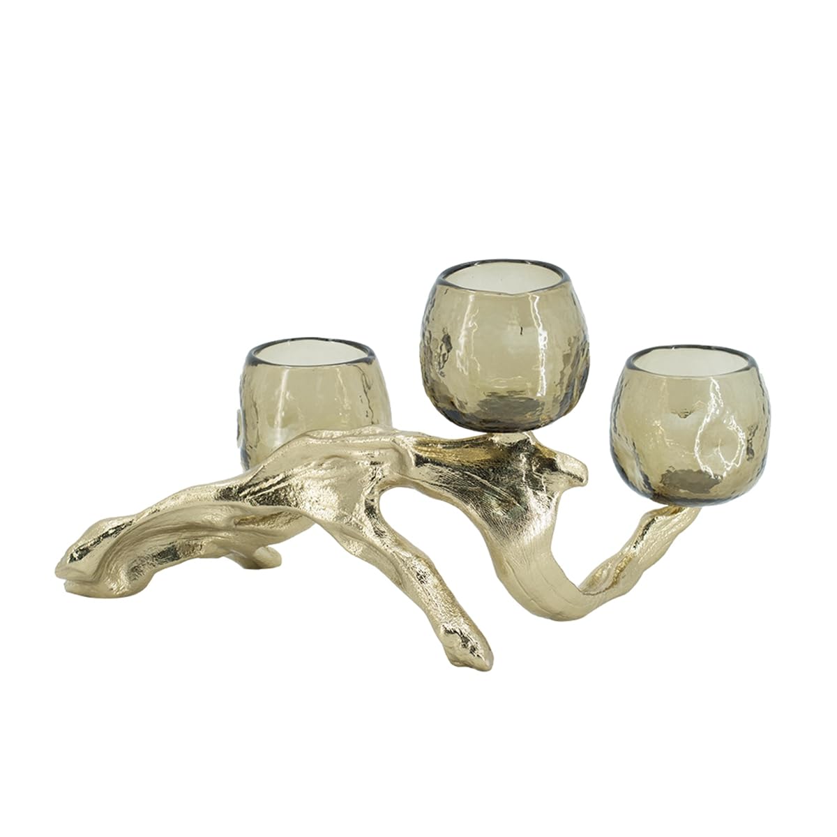 Modern Gold Multi Votive Candle Holder with Textured Glass Cups, Branch-Inspired Aluminum Candle Stand for Tabletop Dining Mantel Shelf Décor, 15.7 Inch