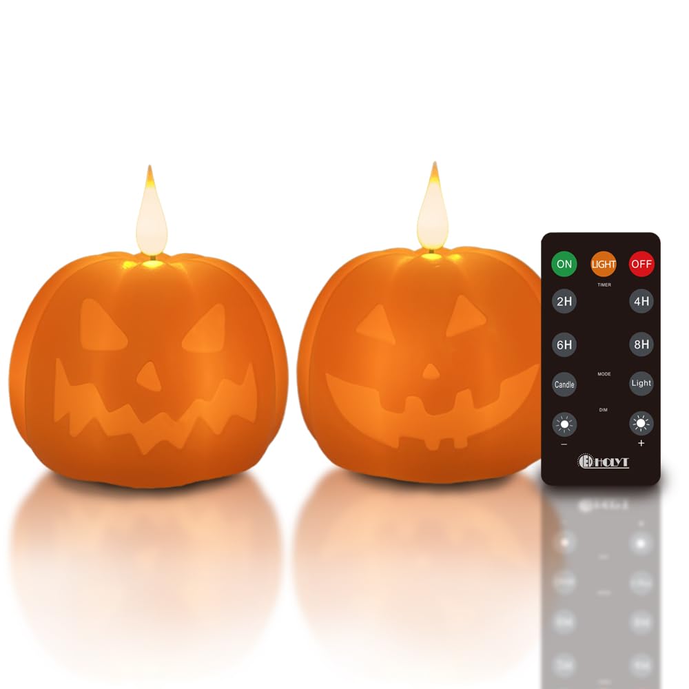 LEDHOLYT Rechargeable Halloween Decorations Flameless Candle, Flameless Pumpkin Candle with Timer & Remote,LED Real Wax Pumpkin LED Candles,Halloween Decorations, 1 Set of 2