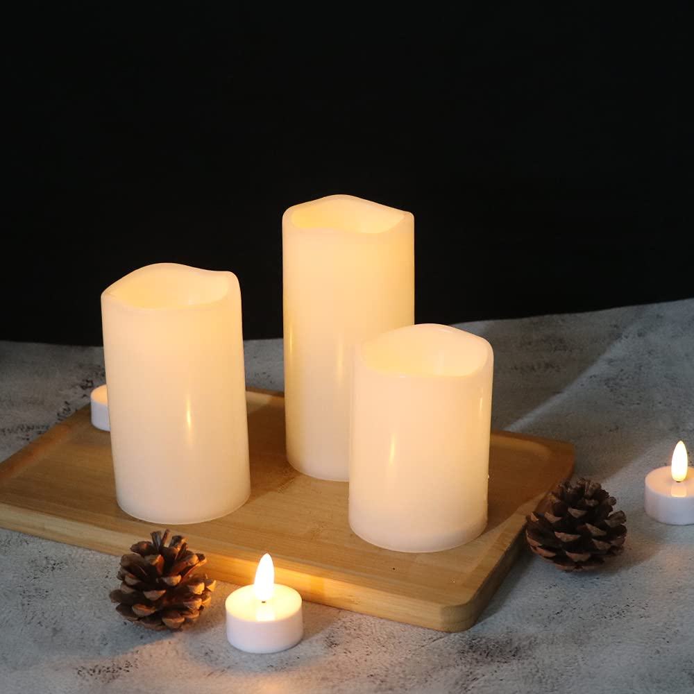 Eldnacele Waterproof Flameless Flickering Candles Weatherproof Battery Operated LED Candle with Remote and Timer White Plastic Pillar Candles Pack of 3 for Indoor Outdoor Lanterns D3”x H4” 5” 6”