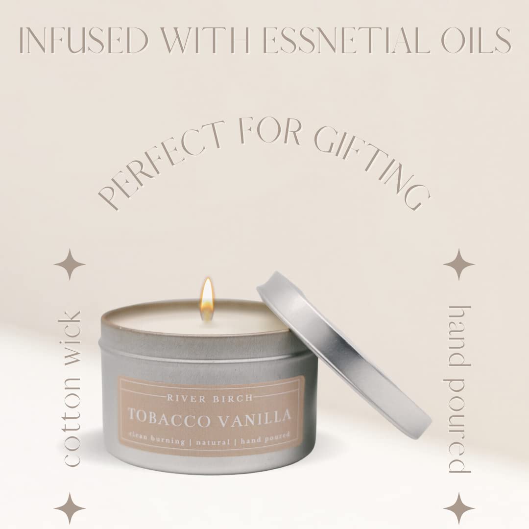 River Birch Candles Tobacco Vanilla Scented Candle | Premium, All-Natural, Non-Toxic, Soy Candles | 8 oz. Silver Tin Travel Candle | Cozy Relaxing Gifts for Home