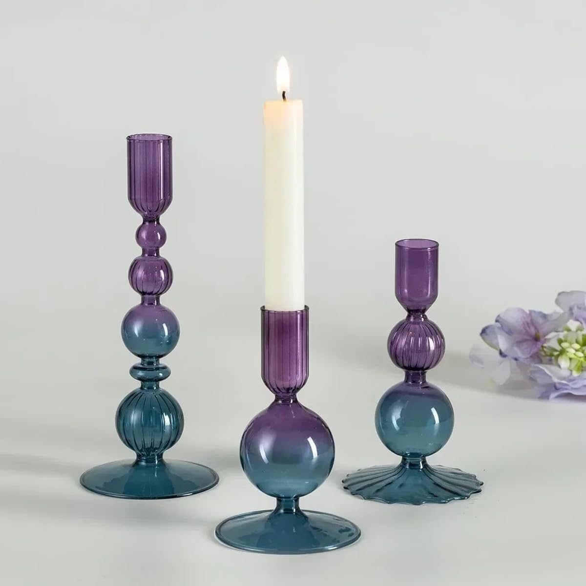 Mineaud 3Pcs Glass Candlestick Holders Glass Taper Candle Holders Groovy Wavy Elegant Candle Stick for Home Party Decoration,PurpleBlue