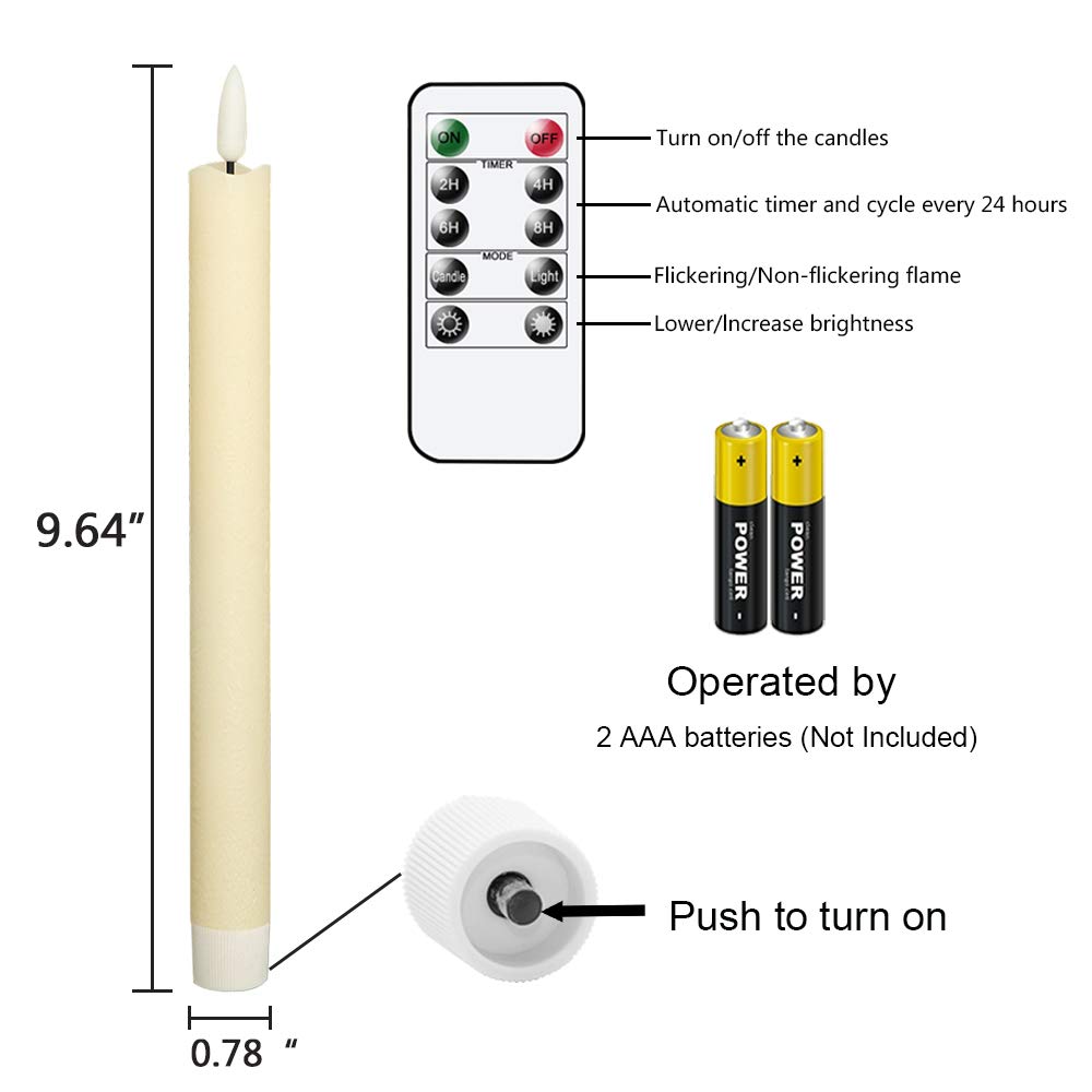 GenSwin LED Taper Candles Flickering with Remote Timer, Battery Operated Taper Flameless Candles with 3D Wick Real Wax Window Candlesticks Pack of 2 for Home Wedding Decor(Ivory, 0.78 x 9.64 Inch)